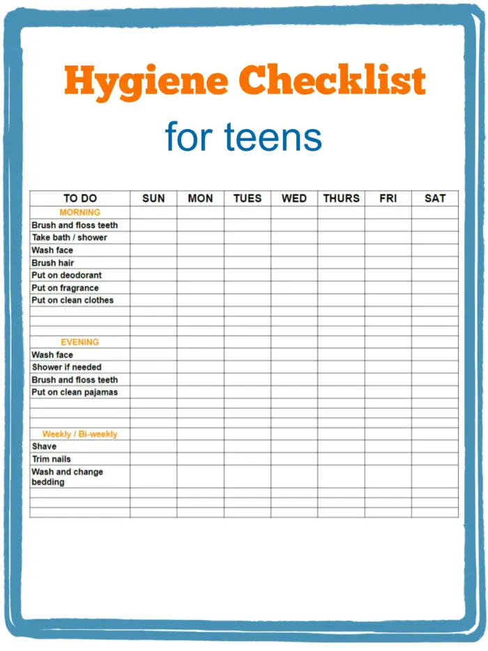 Teenage Hygiene Worksheets