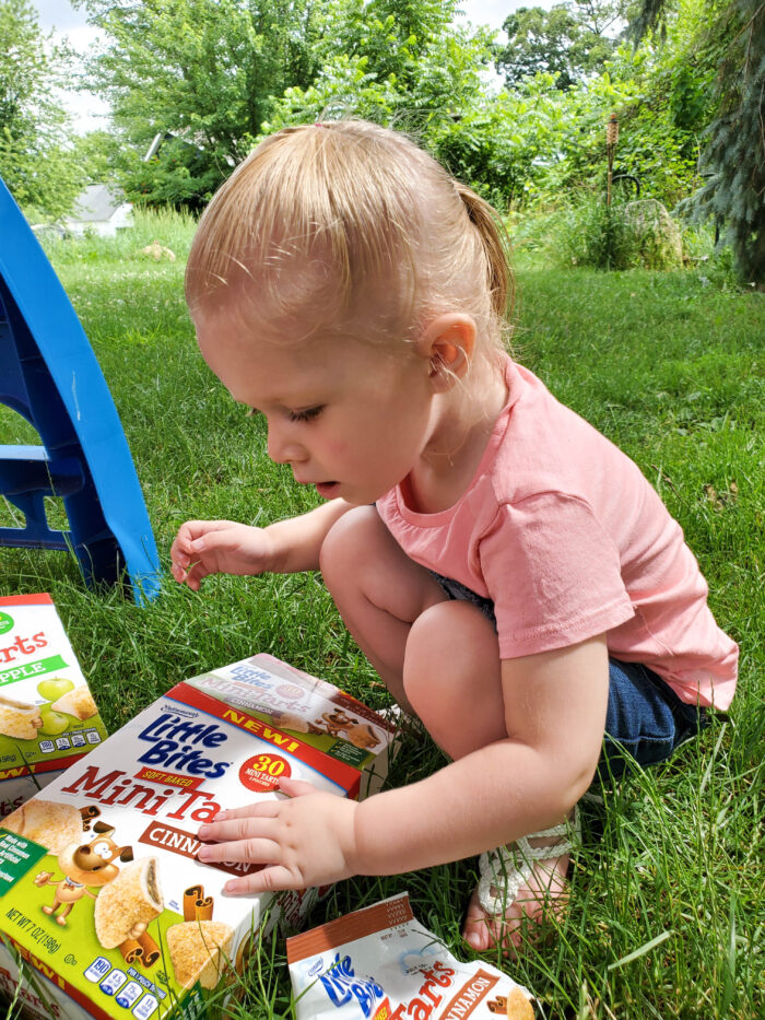 little girl in the grass with a box of Little Bites® Mini Tarts